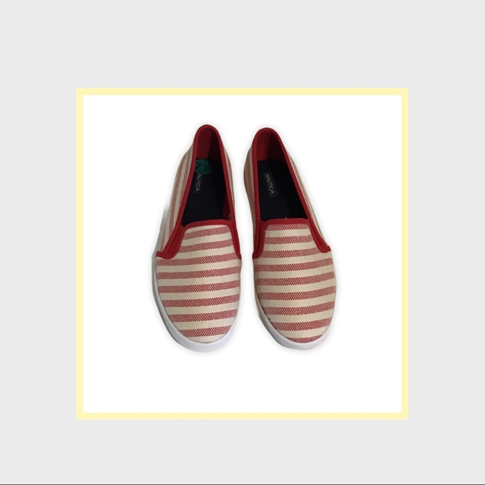 - Nautica Red and White Striped Flat Canvas Shoes